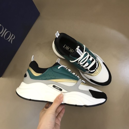 Dior Mens Shoes Sneakers Luxury Brand Breathable Design B22 SNEAKER White and Black Technical Mesh with Green, White and Gold-Tone Calfskin with Original Box  