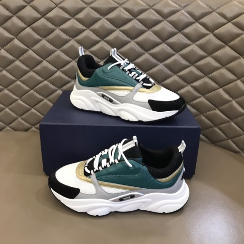 Dior Mens Shoes Sneakers Luxury Brand Breathable Design B22 SNEAKER White and Black Technical Mesh with Green, White and Gold-Tone Calfskin with Original Box  