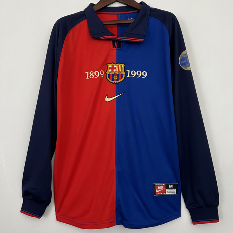 1999  Barcelona Home 100th Anniversary Version Long Sleeve Retro Soccer Jersey