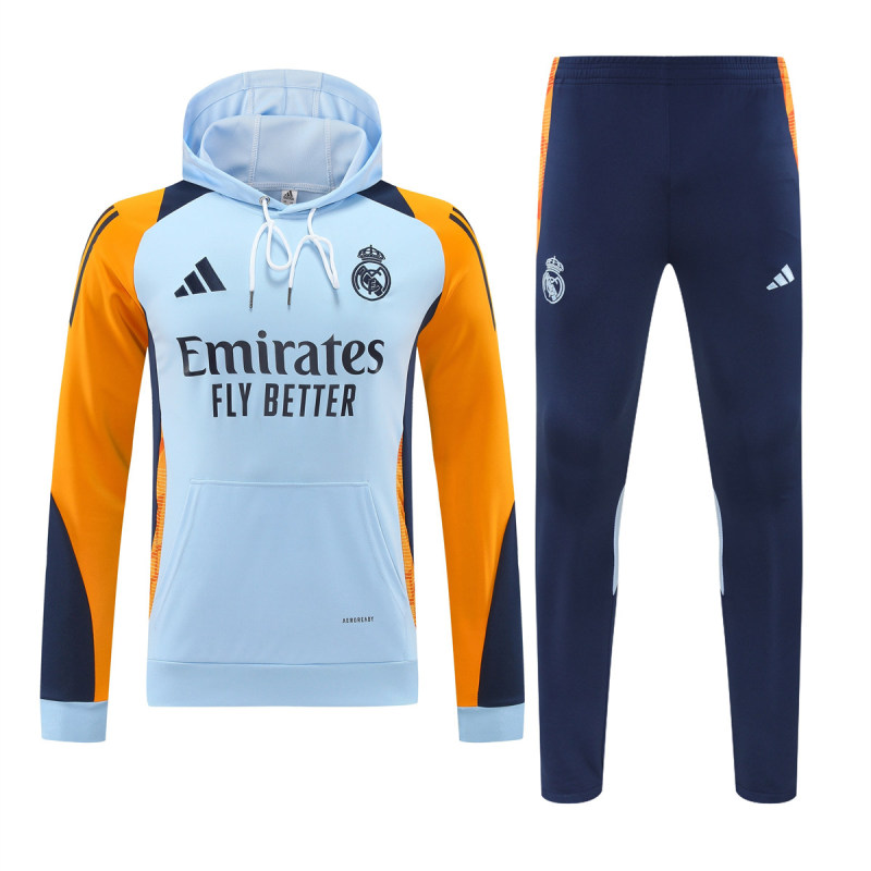 Mens Real Madrid Hoodie Sweatshirt + Pants Training Suit Light Blue 2024/25