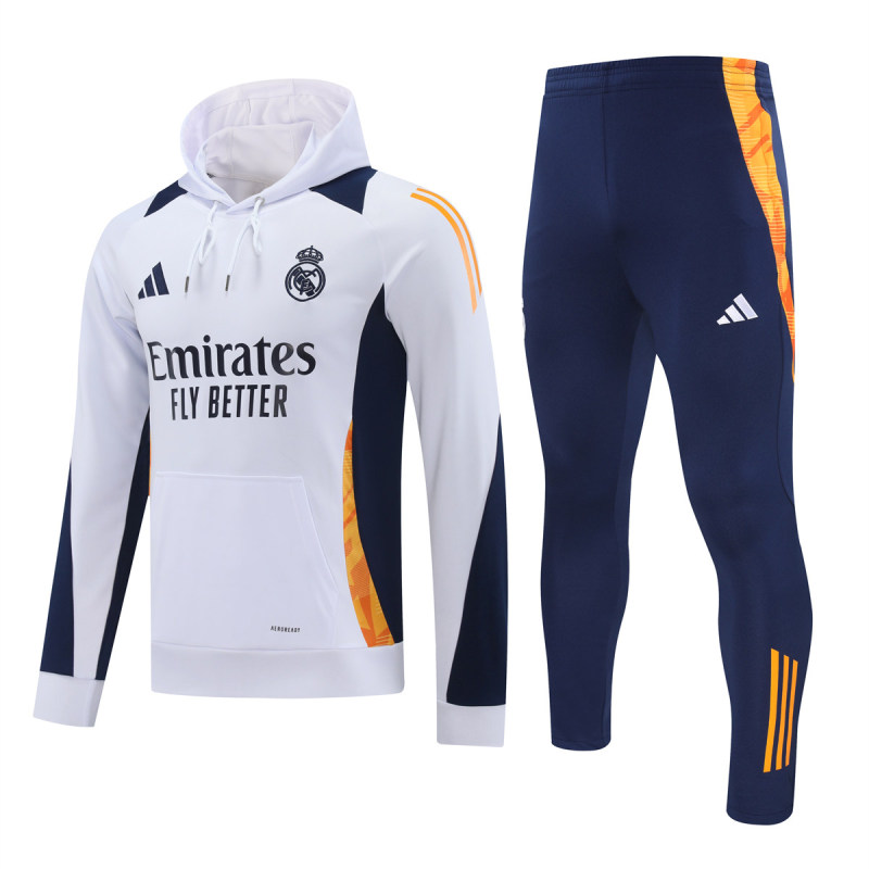 Mens Real Madrid Hoodie Sweatshirt + Pants Training Suit White II 2024/25