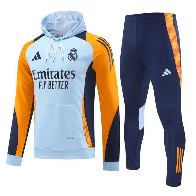 Mens Real Madrid Hoodie Sweatshirt + Pants Training Suit Light Blue 2024/25