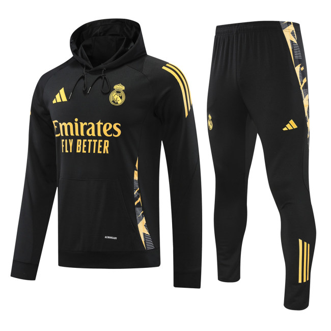 Mens Real Madrid Hoodie Sweatshirt + Pants Training Suit Black II 2024/25