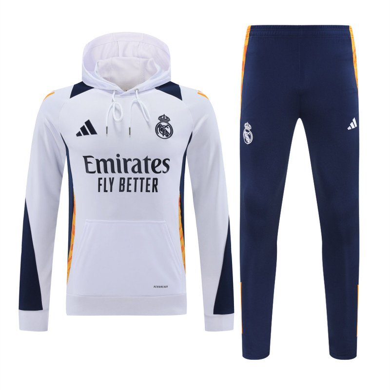 Mens Real Madrid Hoodie Sweatshirt + Pants Training Suit White II 2024/25