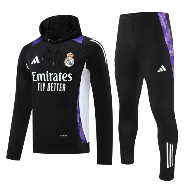 Mens Real Madrid Hoodie Sweatshirt + Pants Training Suit Black 2024/25