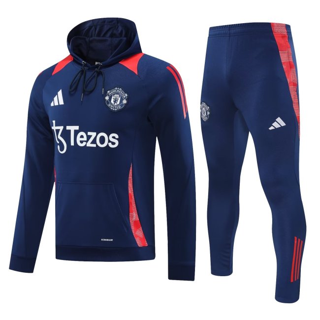 Mens Manchester United Hoodie Sweatshirt + Pants Training Suit Navy 2024/25