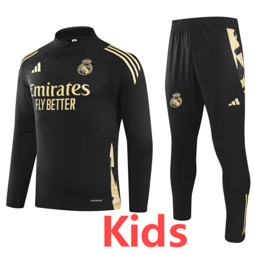 24-25  Real Madrid  Black Kids Half Pull Tracksuit