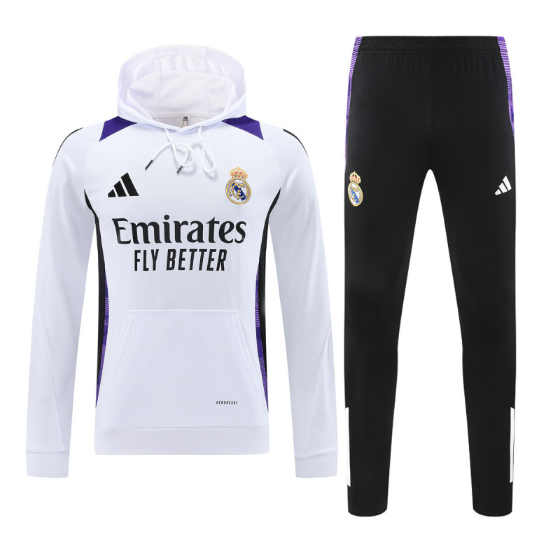Mens Real Madrid Hoodie Sweatshirt + Pants Training Suit White III 2024/25