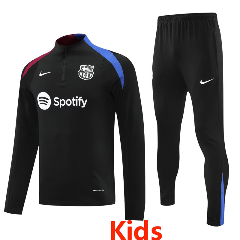 24-25  Barcelona Black Kids Half Pull Tracksuit