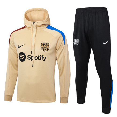 Mens Barcelona Hoodie Sweatshirt + Pants Training Suit Apricot 2024/25