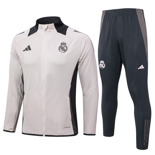 Mens Real Madrid Jacket + Pants Training Suit Light Grey 2024/25