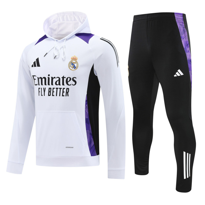 Mens Real Madrid Hoodie Sweatshirt + Pants Training Suit White III 2024/25