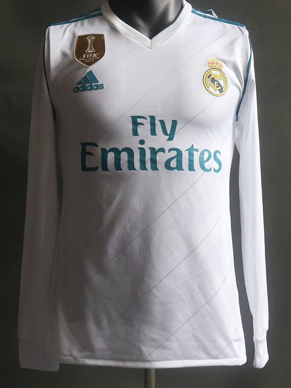 2017-2018 2Real Madrid White Home Player Version Long Sleeve Retro Soccer Jersey