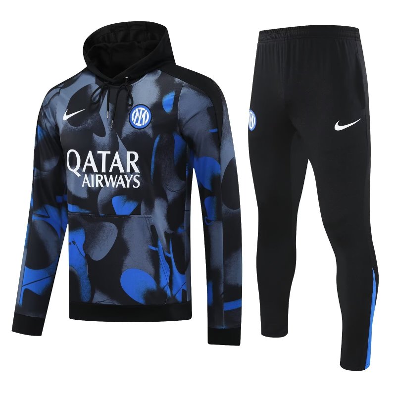 Mens Inter Milan Hoodie Sweatshirt + Pants Training Suit Black - Blue 2024/25