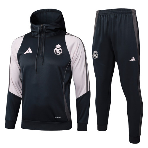 Mens Real Madrid Hoodie Sweatshirt + Pants Training Suit Dark Grey 2024/25
