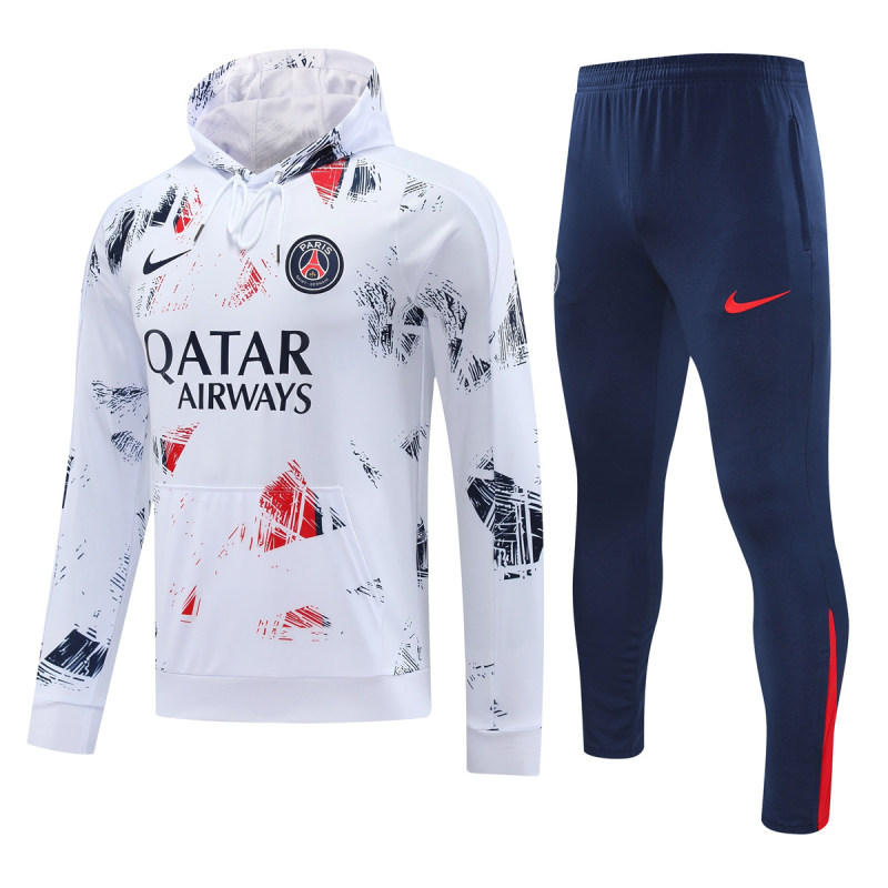 Mens PSG Hoodie Sweatshirt + Pants Training Suit White Patterns 2024/25