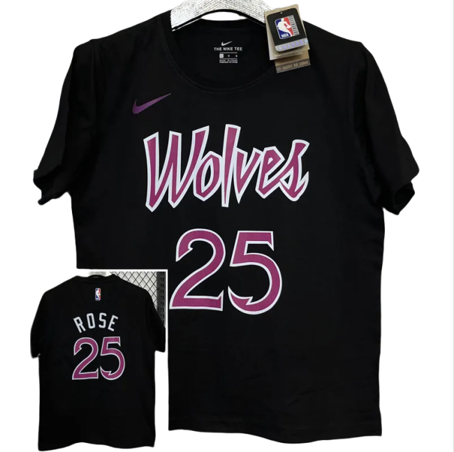 T161 Timberwolves ROSE #25 Black High Quality Casual T-Shirt