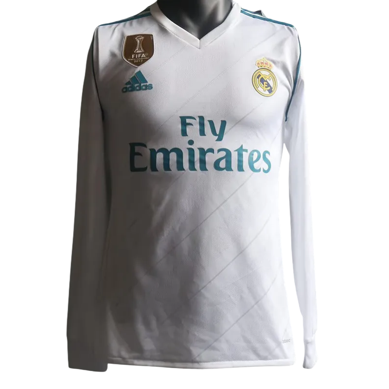 2017-2018 2Real Madrid White Home Player Version Long Sleeve Retro Soccer Jersey