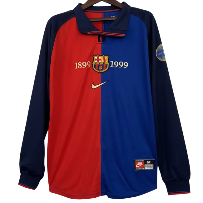 1999  Barcelona Home 100th Anniversary Version Long Sleeve Retro Soccer Jersey