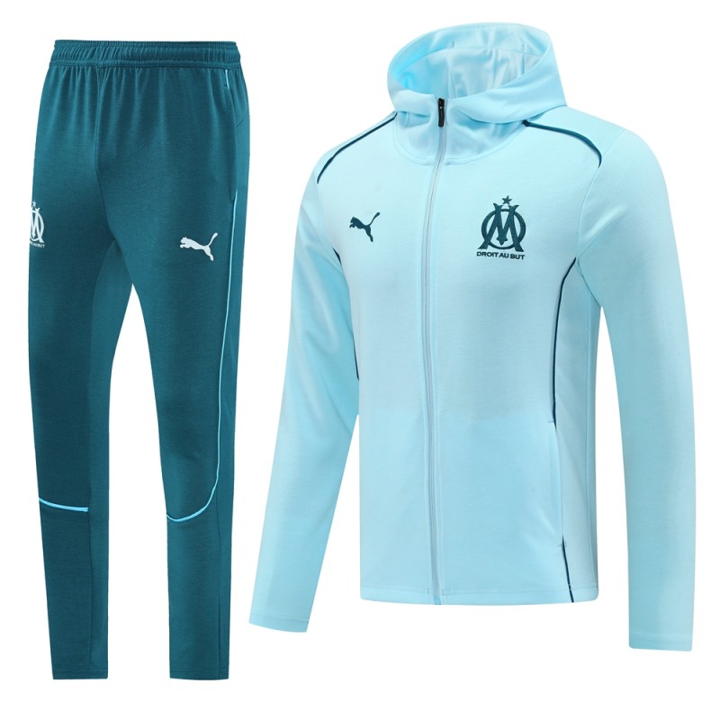 2024 Mens Olympique Marseille Hoodie Sweatshirt + Pants Training Suit Sky blue