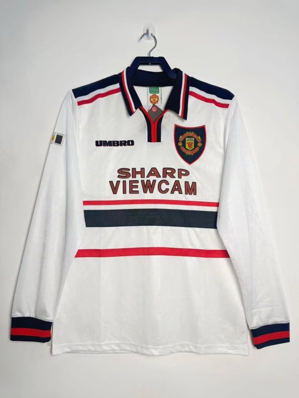 1998-99 Retro  Mens Manchester United White  Away Jersey Long Sleeve
