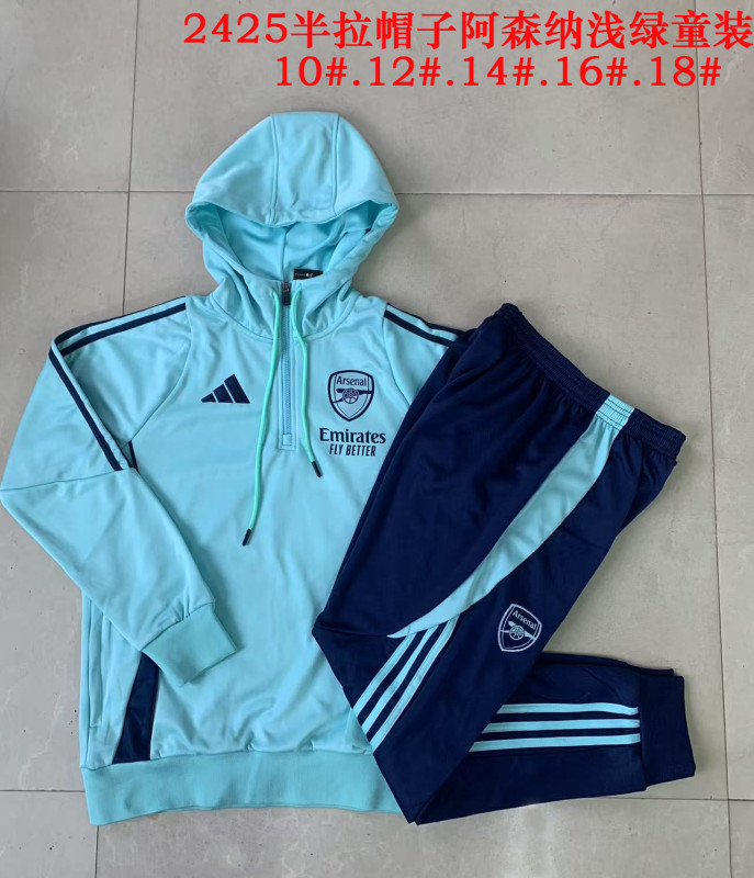 2024/25 Mens Kids Arsenal  hoodie Light Green  Half Pull Tracksuit