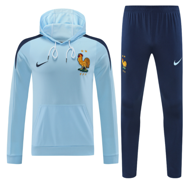 24-25 France Cyan Hoodie Sweatshirt + Pants Training Suit
