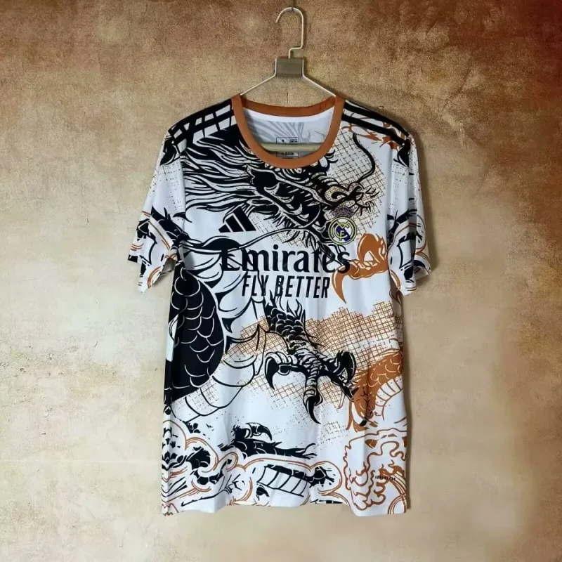 2025-26 Mens Real Madrid Black and White Orange Dragon Soccer Jersey