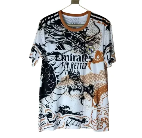2025-26 Mens Real Madrid Black and White Orange Dragon Soccer Jersey
