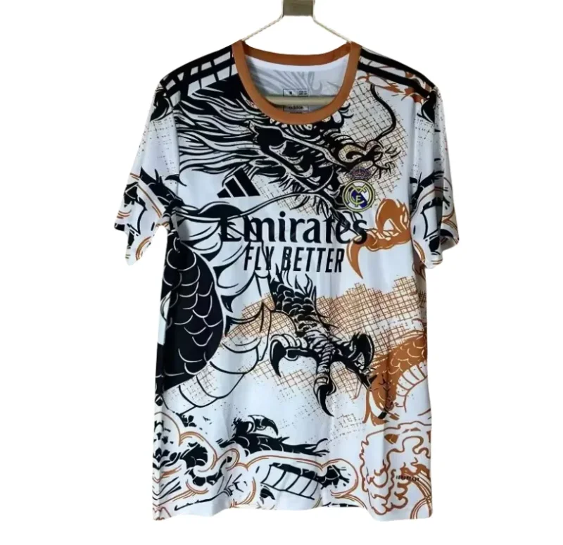 2025-26 Mens Real Madrid Black and White Orange Dragon Soccer Jersey