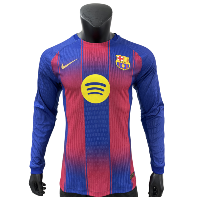 2025-26 Mens Barcelona Home   Long Sleeve Player Version Soccer Jersey