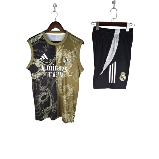 2025-26 Mens Real Madrid yellow Double Dragon Pattern  vest Training Short Suit