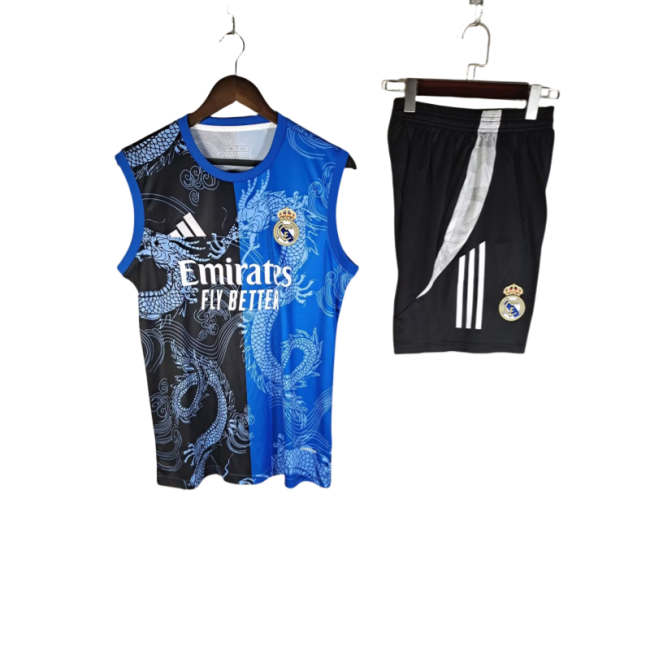 2025-26 Mens Real Madrid Blue Double Dragon Pattern  vest Training Short Suit