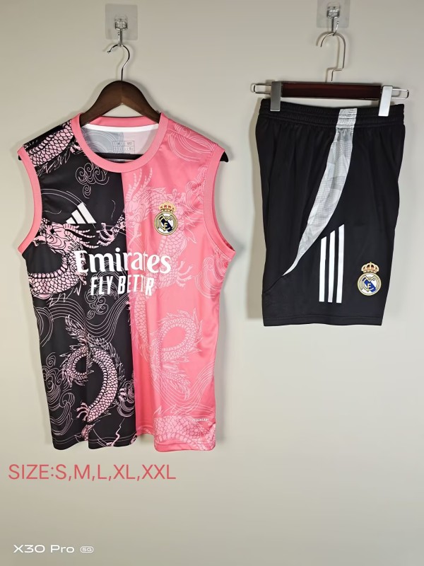 2025-26 Mens Real Madrid pink Double Dragon Pattern  vest Training Short Suit