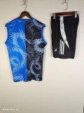2025-26 Mens Real Madrid Blue Double Dragon Pattern  vest Training Short Suit