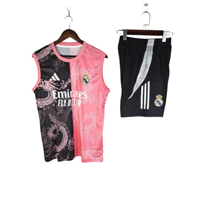 2025-26 Mens Real Madrid pink Double Dragon Pattern  vest Training Short Suit