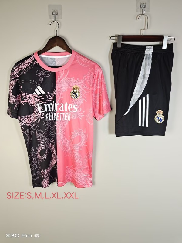 2025-26 Mens Real Madrid pink Double Dragon Pattern  Training Short Suit