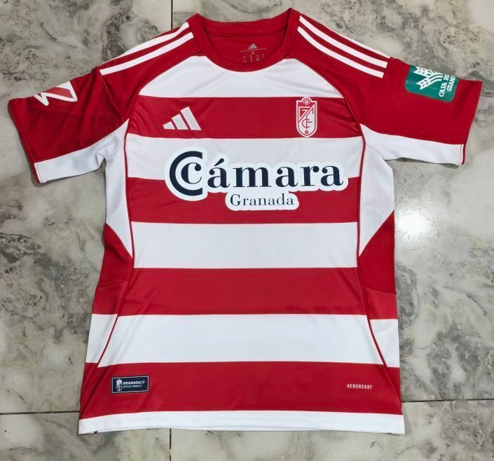 2025-26 with Sponor Logo Mens Granada home Red and white soccer Jersey