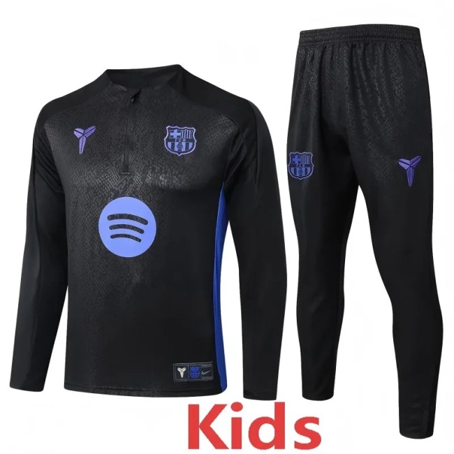 2025-26 Kids Barcelona Black  Half Pull Tracksuit