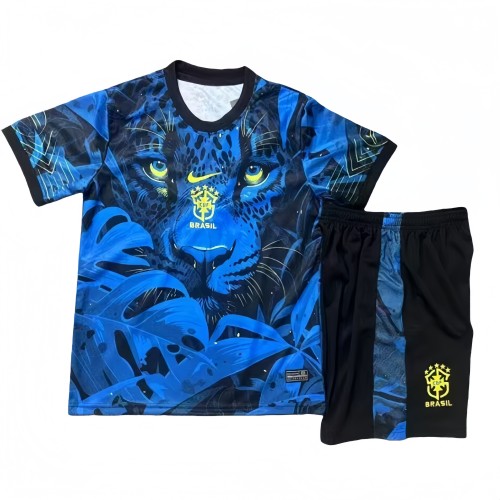 2025 Kids Brazil blue tiger pattern Soccer Jersey