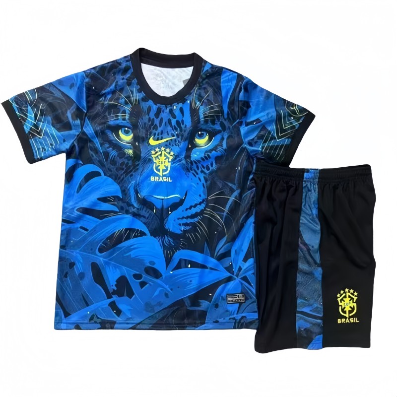 2025 Kids Brazil blue tiger pattern Soccer Jersey