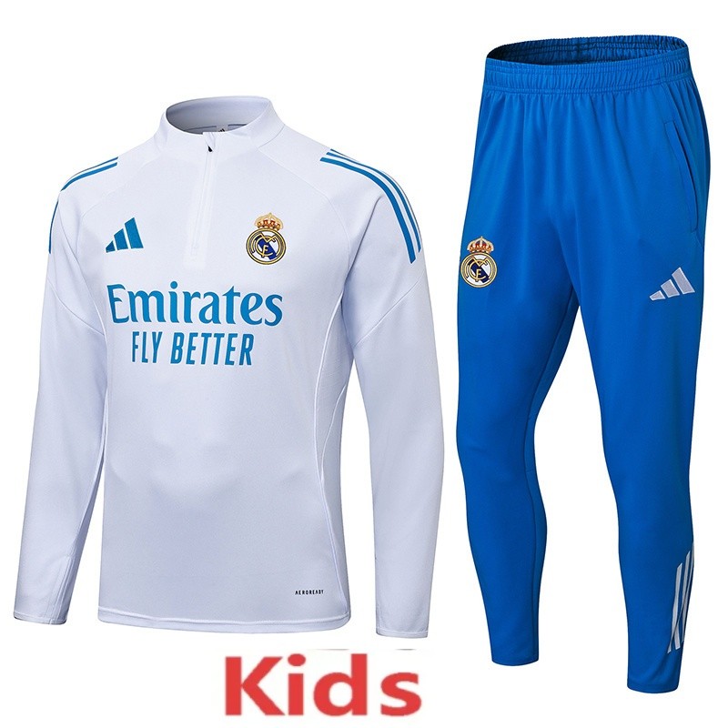 2025-26 Kids Real Madrid white blue Half Pull Tracksuit