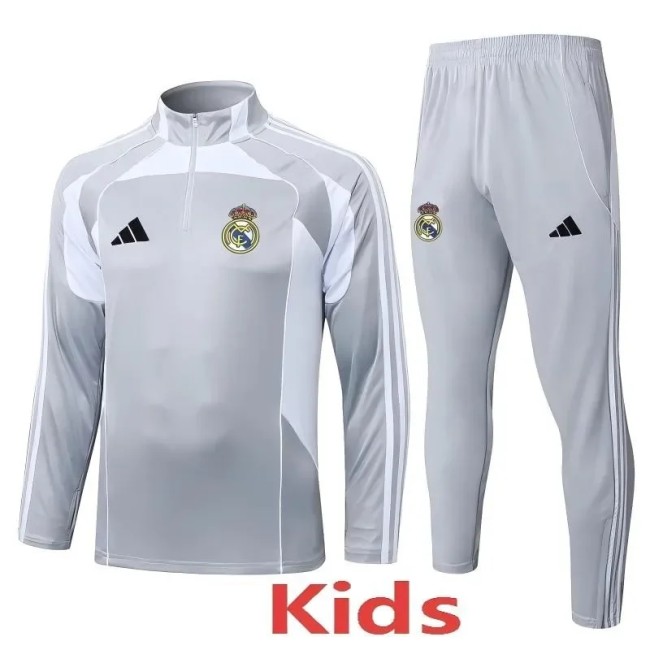 2025-26 Kids Real Madrid Half-pull gray white Tracksuit #E25182