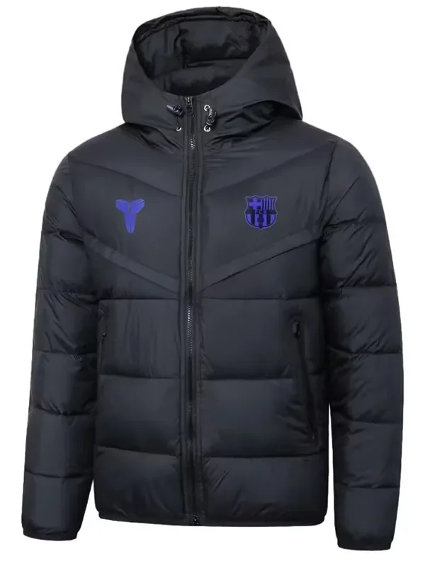 2025-26 Mens Barcelona Purple Logo Black Hooded Cotton Coat