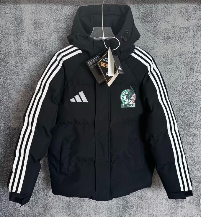 2025-26 Mens Mexico Black Hooded Jacket Cotton Coat