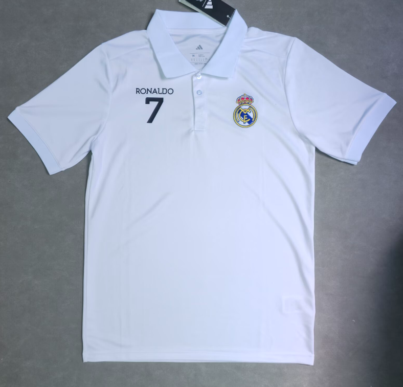 2025-26 Real Madrid White Polo Short Sleeve Soccer Jersey - Ronaldo #7
