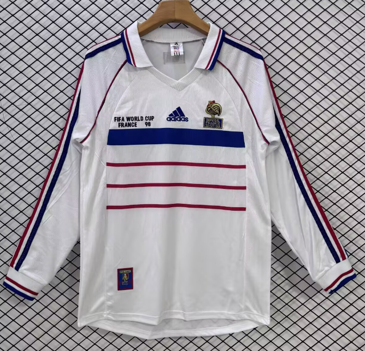 1998 Mens France away white Retro Long sleeve Soccer Jersey