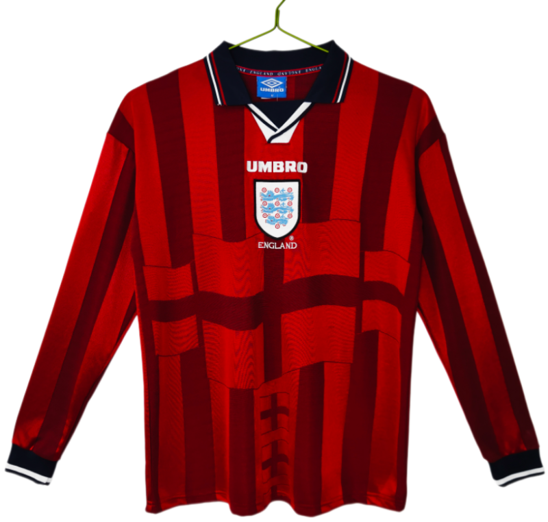 1998 Mens England Away Red Long Sleeve Retro Soccer Jersey