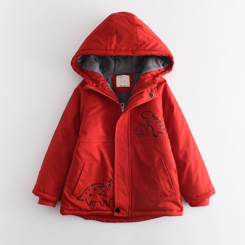 Boys Red Dinosaur Printed Fleece Thick Hoodie