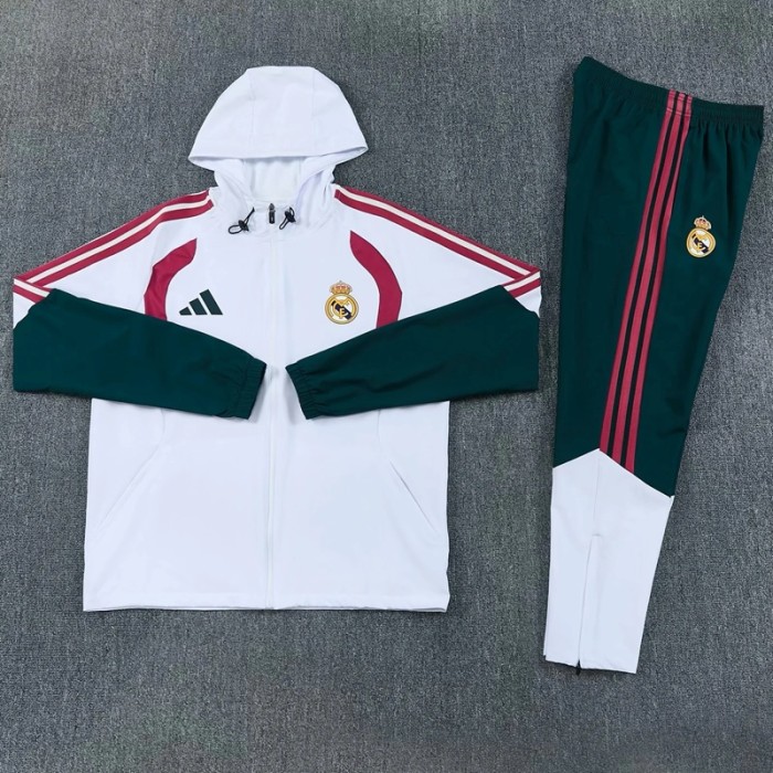 26/27 Real Madrid Hooded Windbreaker Adult Tracksuit White / Dark Green